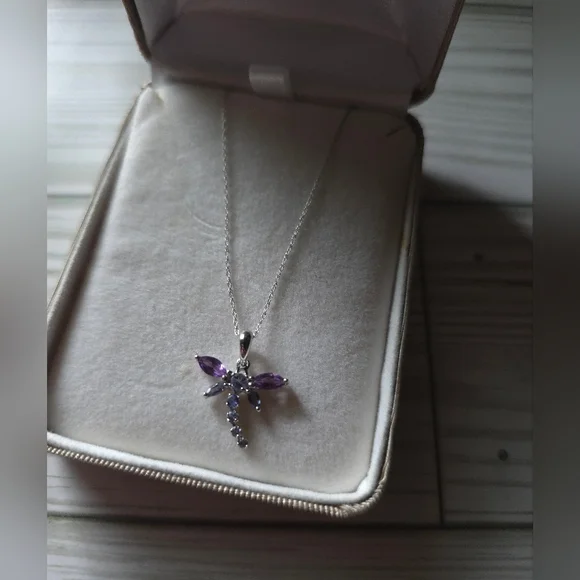 Zales10k Solid White GoldAmethyst Dragonfly Pendant & NecklaceNwot